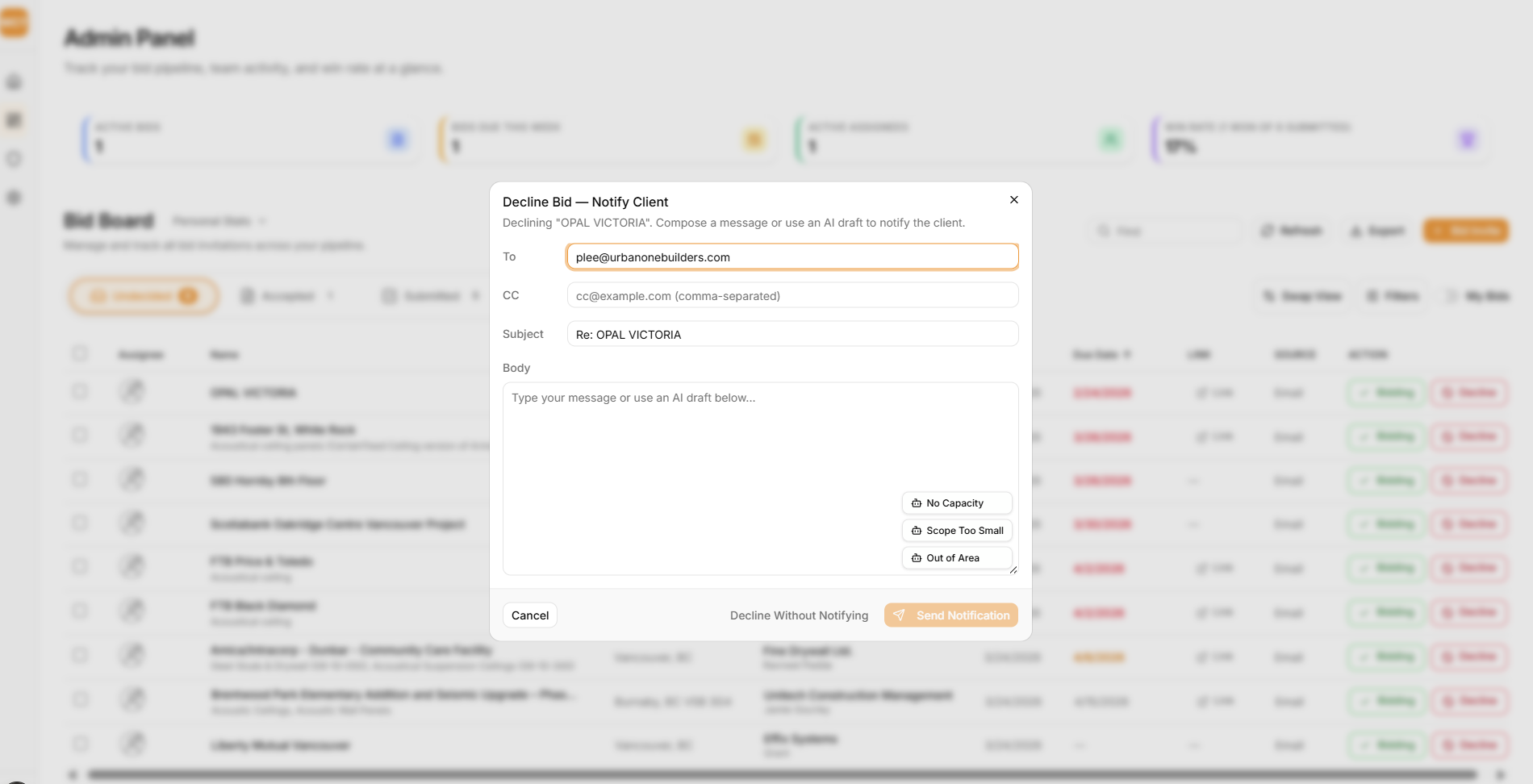 Bid board admin panel showing bid tracking status and client notification interface for construction contractors