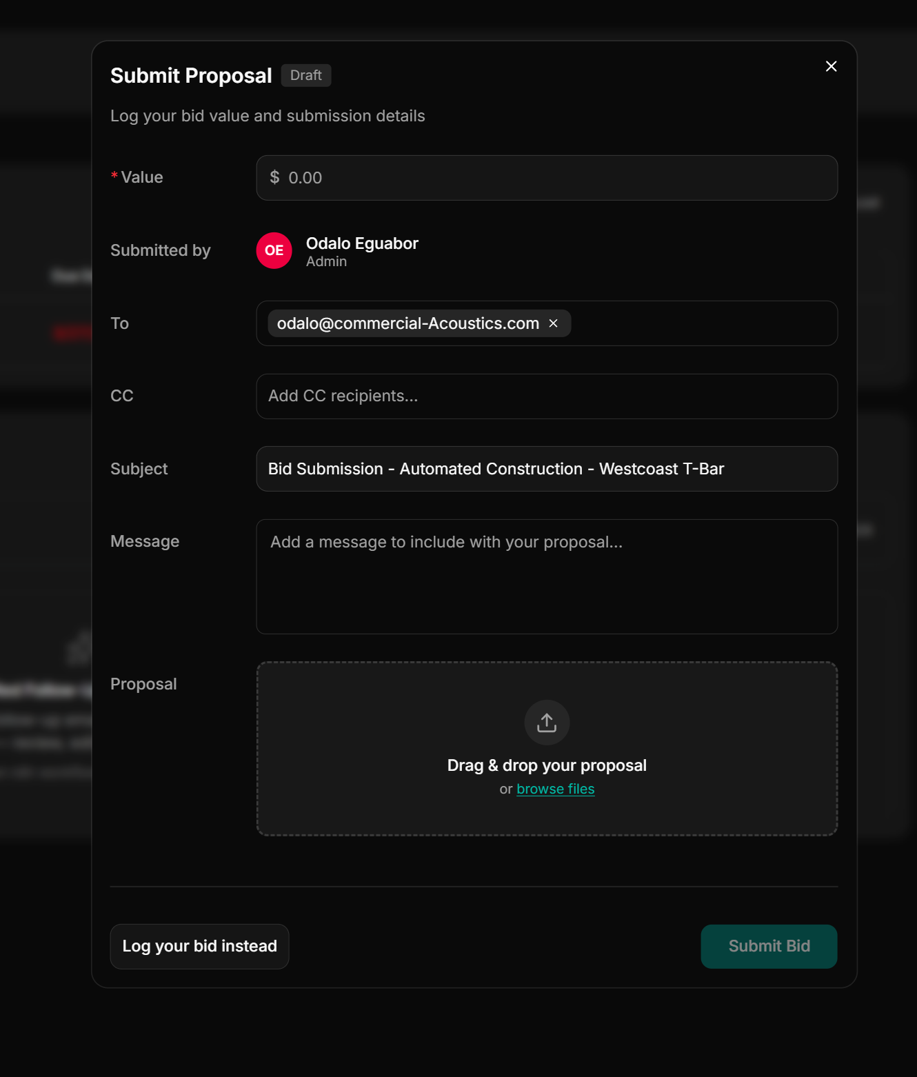 Proposal submission form showing automated bid and document generation for construction contractors