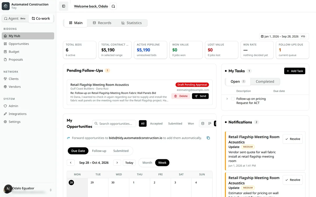 Tidy My Hub with pipeline totals, a follow-up email marked Draft Pending Approval with Send and Delete buttons, tasks, notifications and a due-date calendar