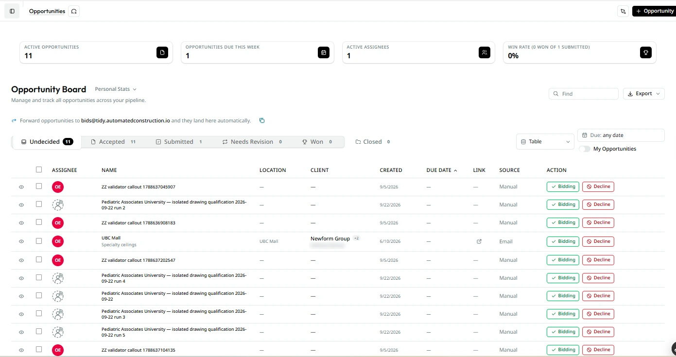 Tidy Opportunity Board listing open bids with assignee, client, location and created date, and tabs for Undecided, Accepted, Submitted, Needs Revision and Won