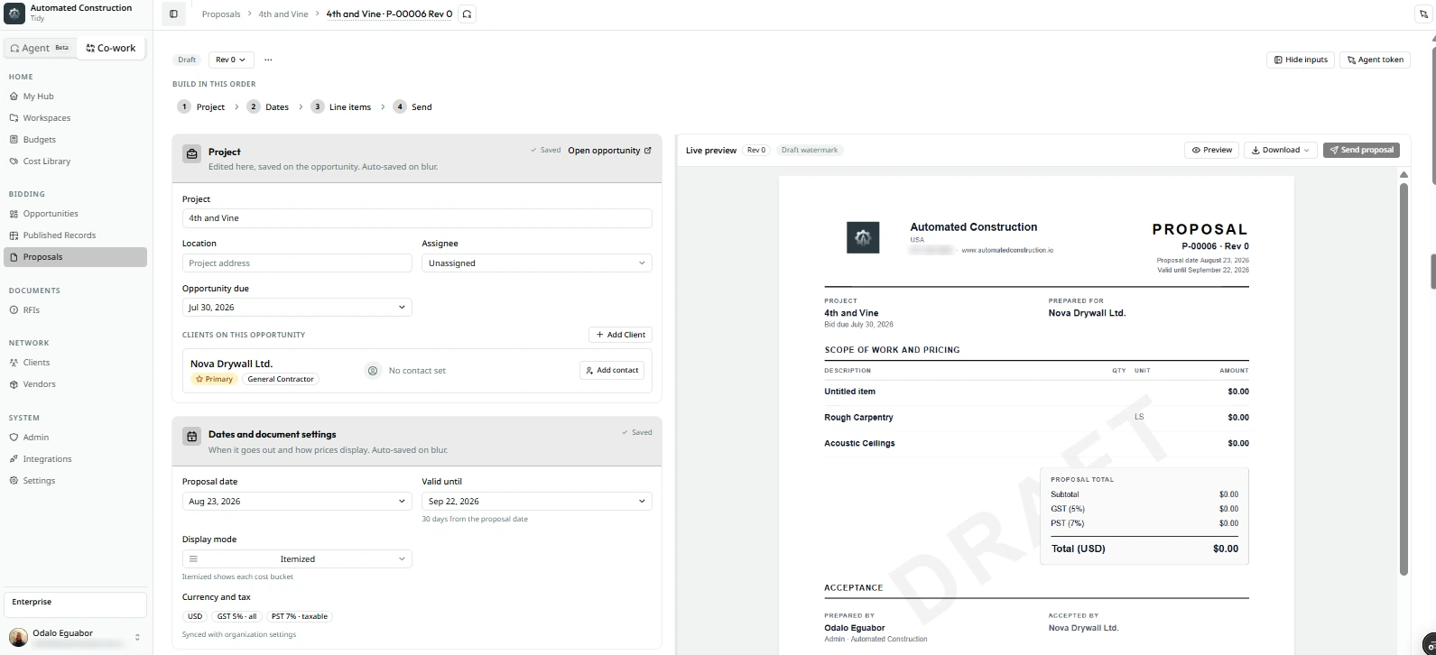 Tidy proposal builder with the Project and Dates steps on the left and a live PDF preview of the proposal with scope of work, pricing, GST and PST, and a draft watermark on the right
